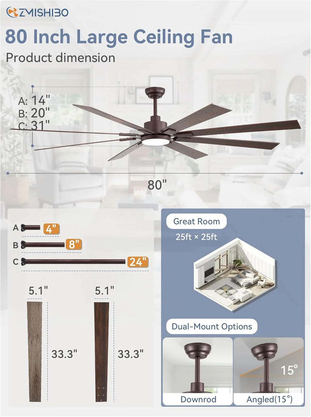 ZMISHIBO 72 inch Large Ceiling Fans with Lights and Remote, Indoor/Outdoor Black Modern Ceiling Fan for Kitchen Living Room Patio, 6 Speed Reversible Quiet DC Motor, 3 CCT, Dual Finish 8 Blades