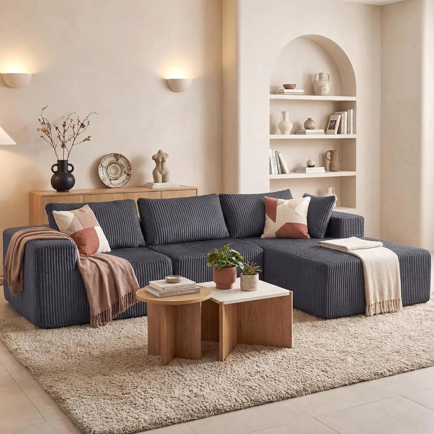 DUMOS 108 Boneless Couch, Cloud Sectional Couch with L-Shape Chaise, Modular Sectional Sofa with Deep Seat, Upholstered Couch for Living Room Bedroom, No Assembly Required (Beige, Left Facing Chaise)
