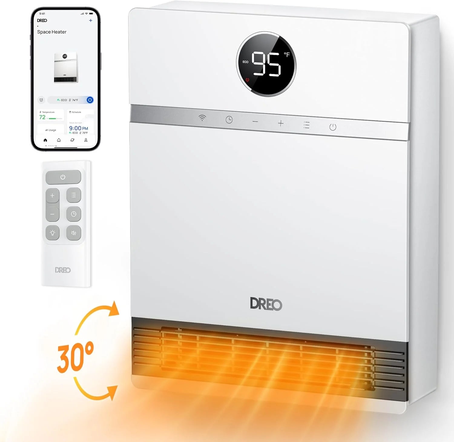 Dreo Smart Wall Heater, IP24 Electric PTC Space Heaters for Indoor Use, 30�� Oscillation, Adjustable Thermostat, Remote Control, Works with Alexa, 24H Timer, Easy-mounted for Bedroom, Office, Home