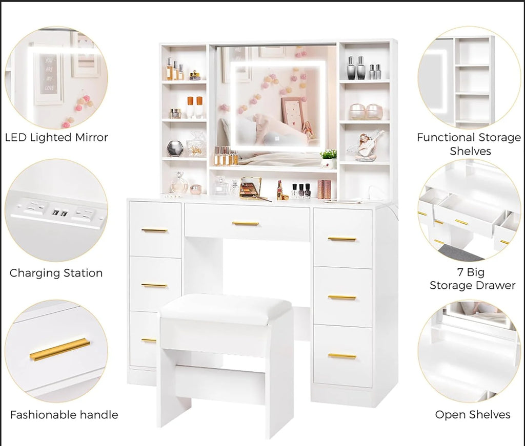 ANWBROAD Vanity Desk Table with Lighted Mirror 39.4 Girls Makeup Vanity