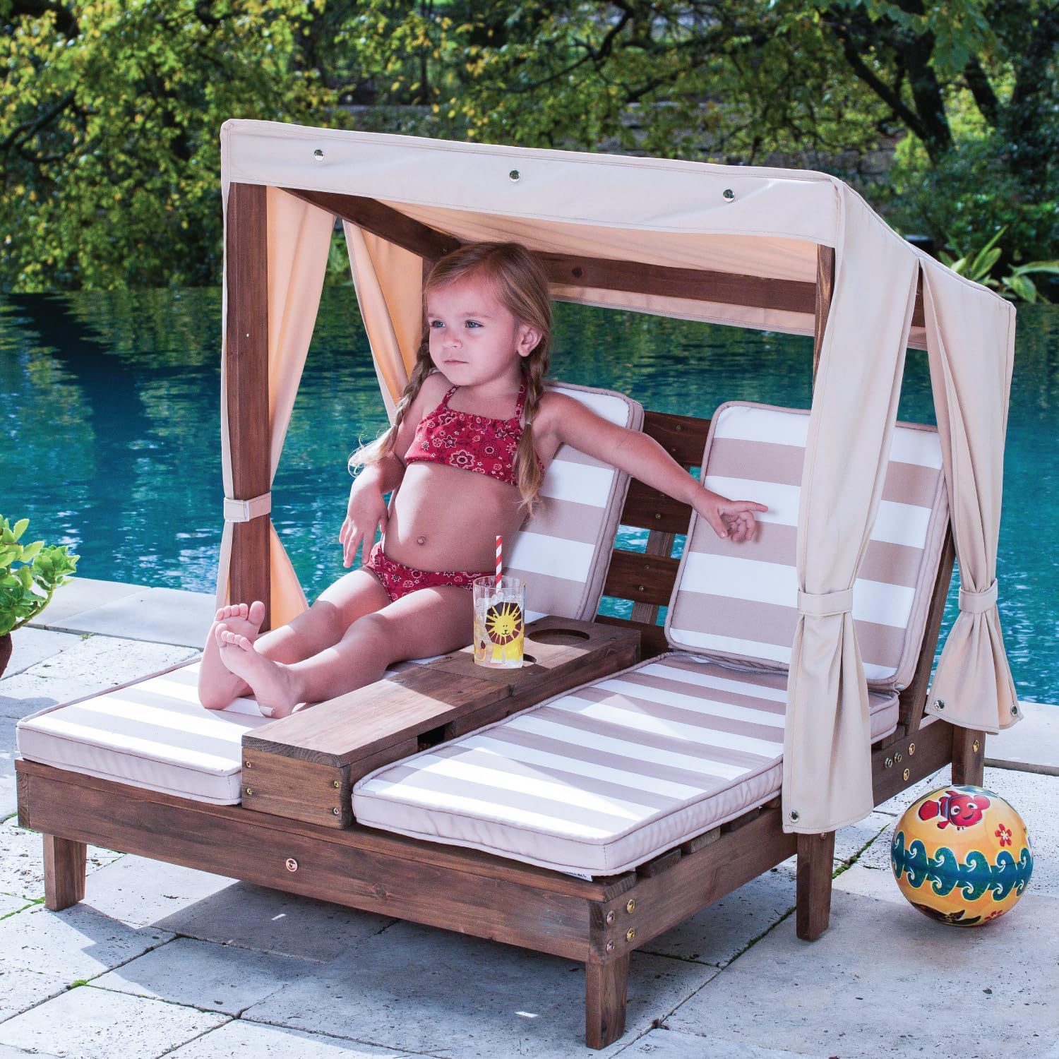 KidKraft Wooden Outdoor Double Chaise Lounge with Cup Holders Kids Patio Furniture Honey