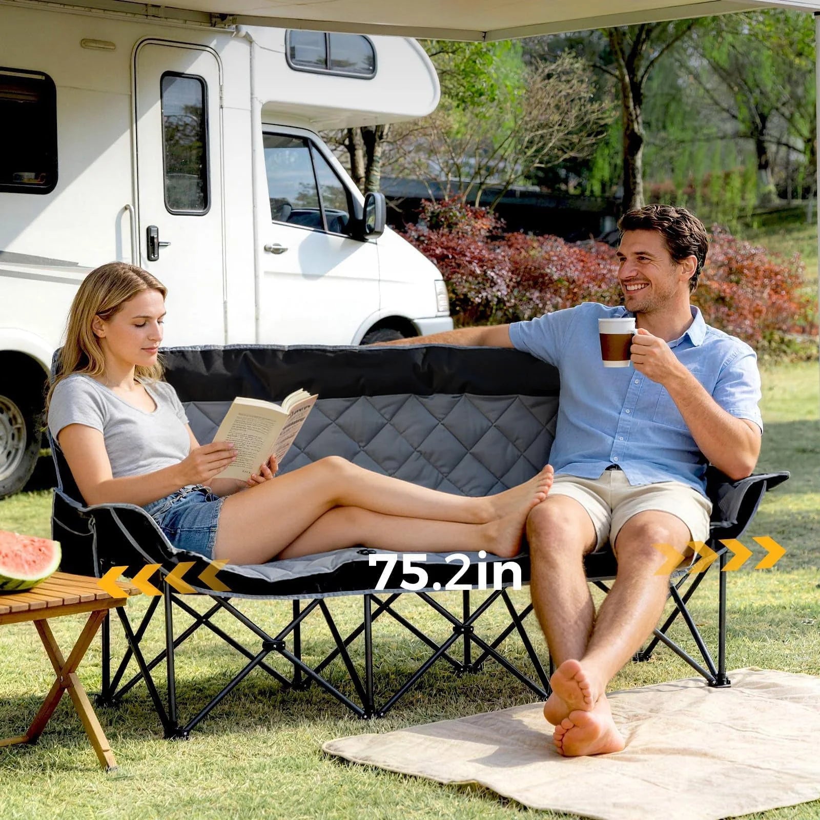 Oversized 3 Person Camping Chair Folding Padded Loveseat with Cup Holders and Carry Bag