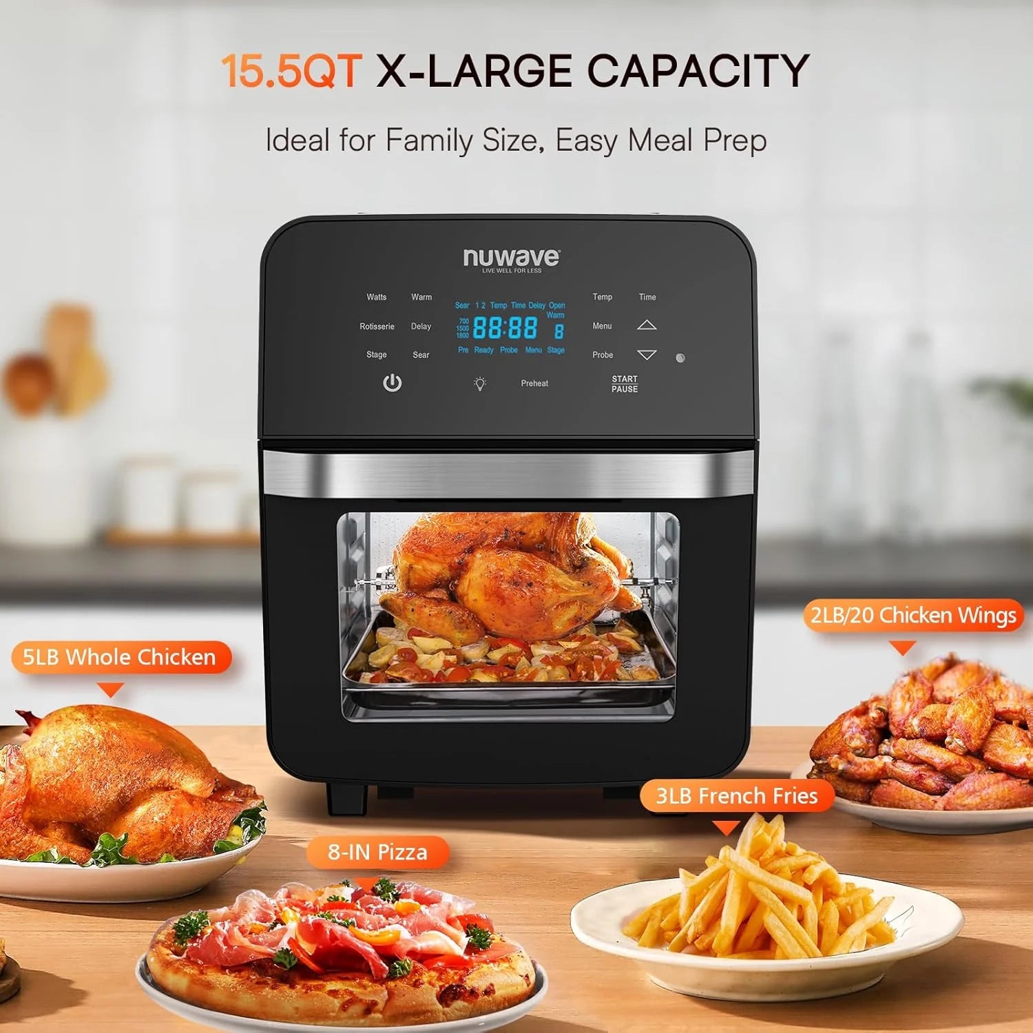 Nuwave Brio 15.5Qt Air Fryer/Oven quickly reheats, bakes, and dehydrates food with a temperature control range of 50��-425��F 1800W.
