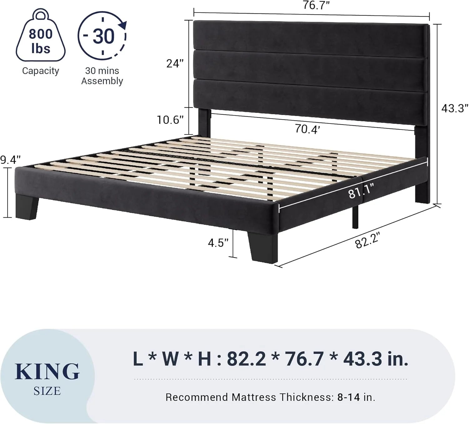 Allewie Queen Size Platform Bed Frame Fabric Upholstered Headboard Wooden Slats Support