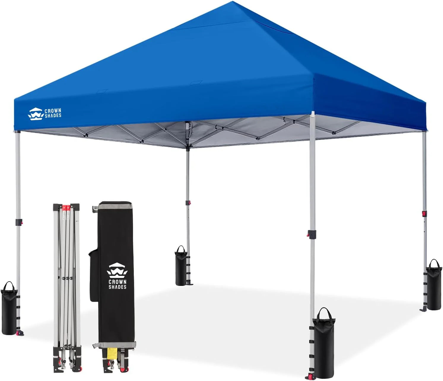 Crown Shades 10x10 Pop Up Canopy - Beach Tent with One Push Setup - Outdoor Sun Shade for Events, Parties, Camping - Gazebo with STO-N-Go Cover Bag, Silver Coated Top, 3 Height& 4 Sand Bags, Yellow