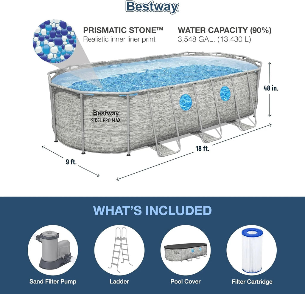 Power Steel Swim Vista Series II 14' x 8' 2 x 39.5 Above Ground Outdoor Swimming Pool Set with 530 GPH Filter Pump, Ladder, and Pool Cover