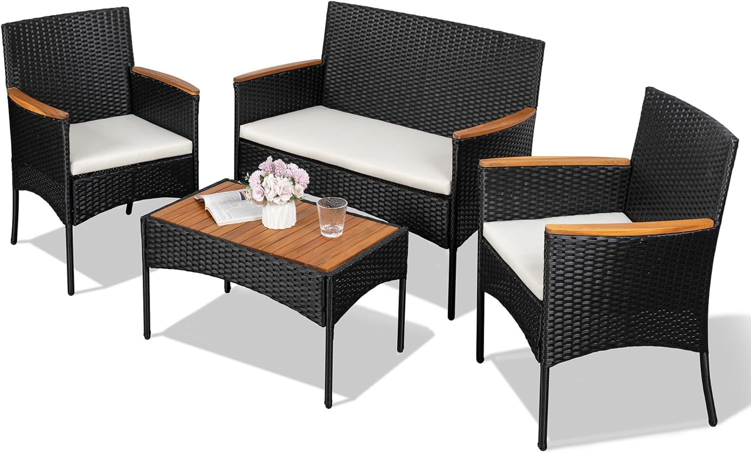 Shintenchi 4-Piece Patio Furniture Set Outdoor Wicker Patio Conversation Furniture Set with Cushions