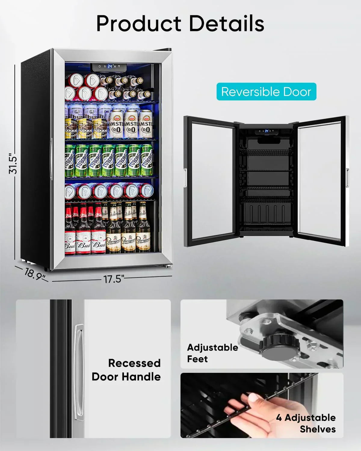 Beverage Refrigerator Cooler 126 Can Mini Fridge Glass Door for Drinks Soda Beer Wine Refrigerator