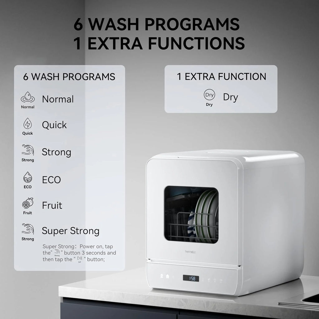 Hermitlux Countertop Dishwasher, 7 Washing Programs Portable Mini Dishwasher with 5-Liter Built-in Water Tank for Apartments & RVs, LED Light, Glass Door, No Hookup Needed