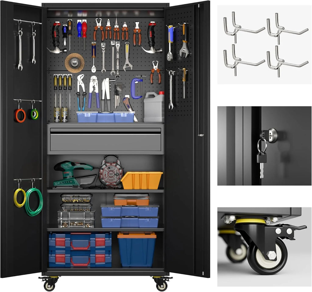 Metal Storage Cabinet with Pegboard 71'' x 34'' x 18'',Lockable Steel Storage Cabinet with 5 Adjustable Shelves and Door for Garage, Office, Kitchen, Assembly Required(Black)