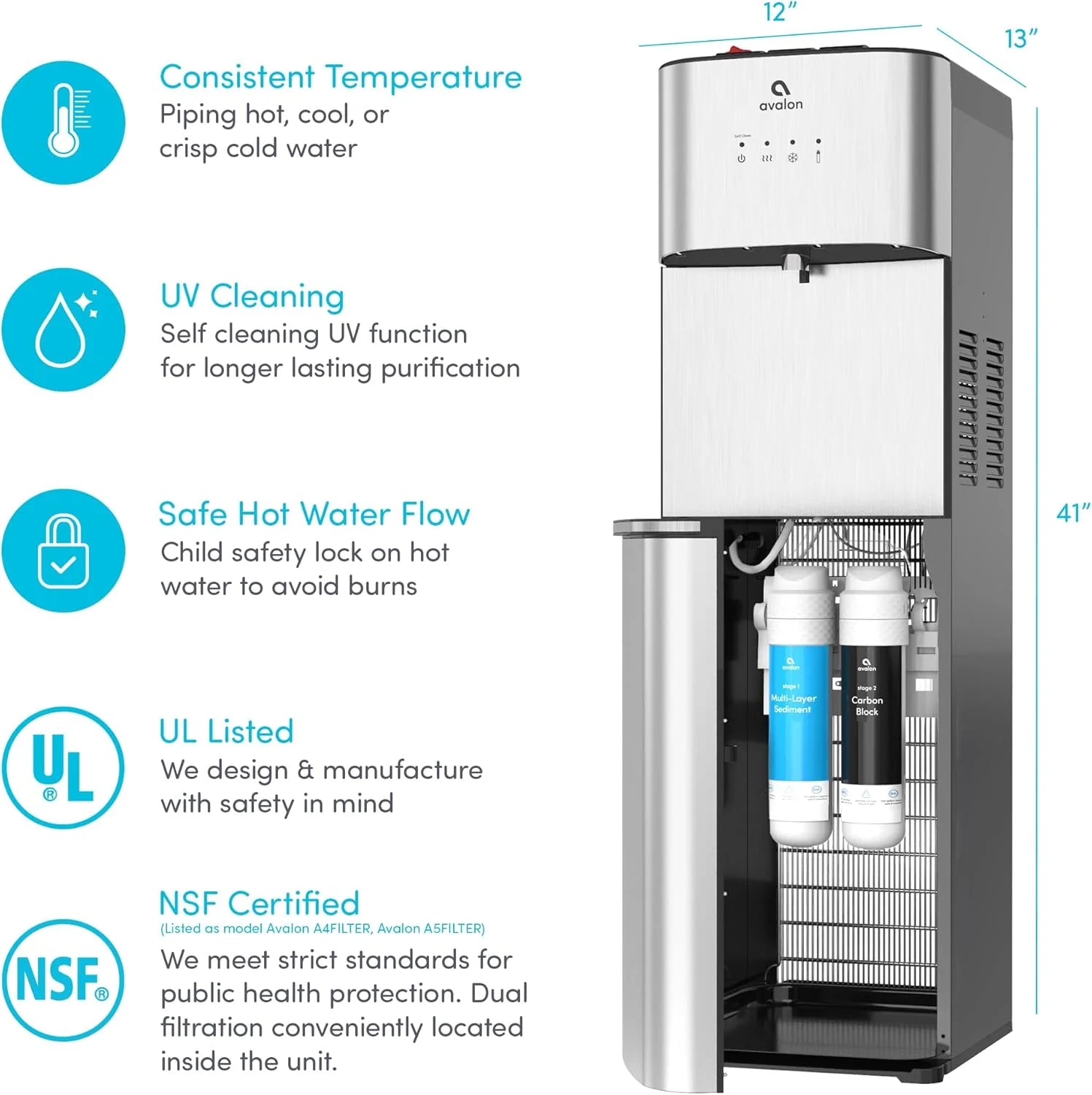 Avalon Bottom Loading Water Cooler Water Dispenser with BioGuard- 3 Temperature Settings - Hot, Cold & Room Water, Durable Stainless Steel Construction, Anti-Microbial Coating- UL Listed