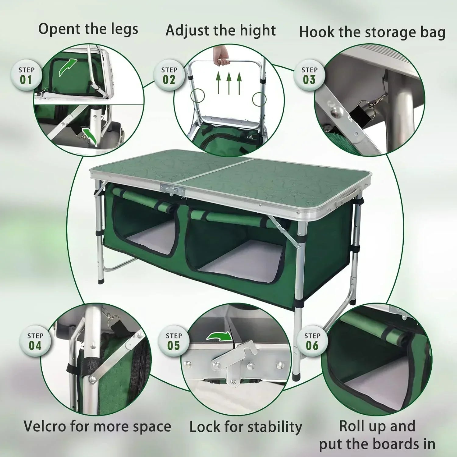Outdoor Folding Table Aluminum Lightweight Height Adjustable with Storage Organizer