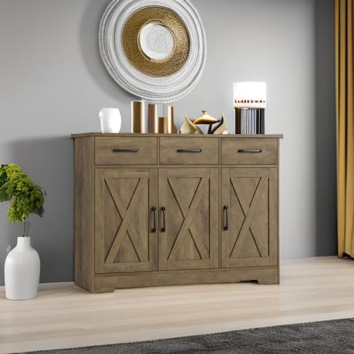 Modern farmhouse sideboard barn door buffet storage cabinet with drawers and shelves
