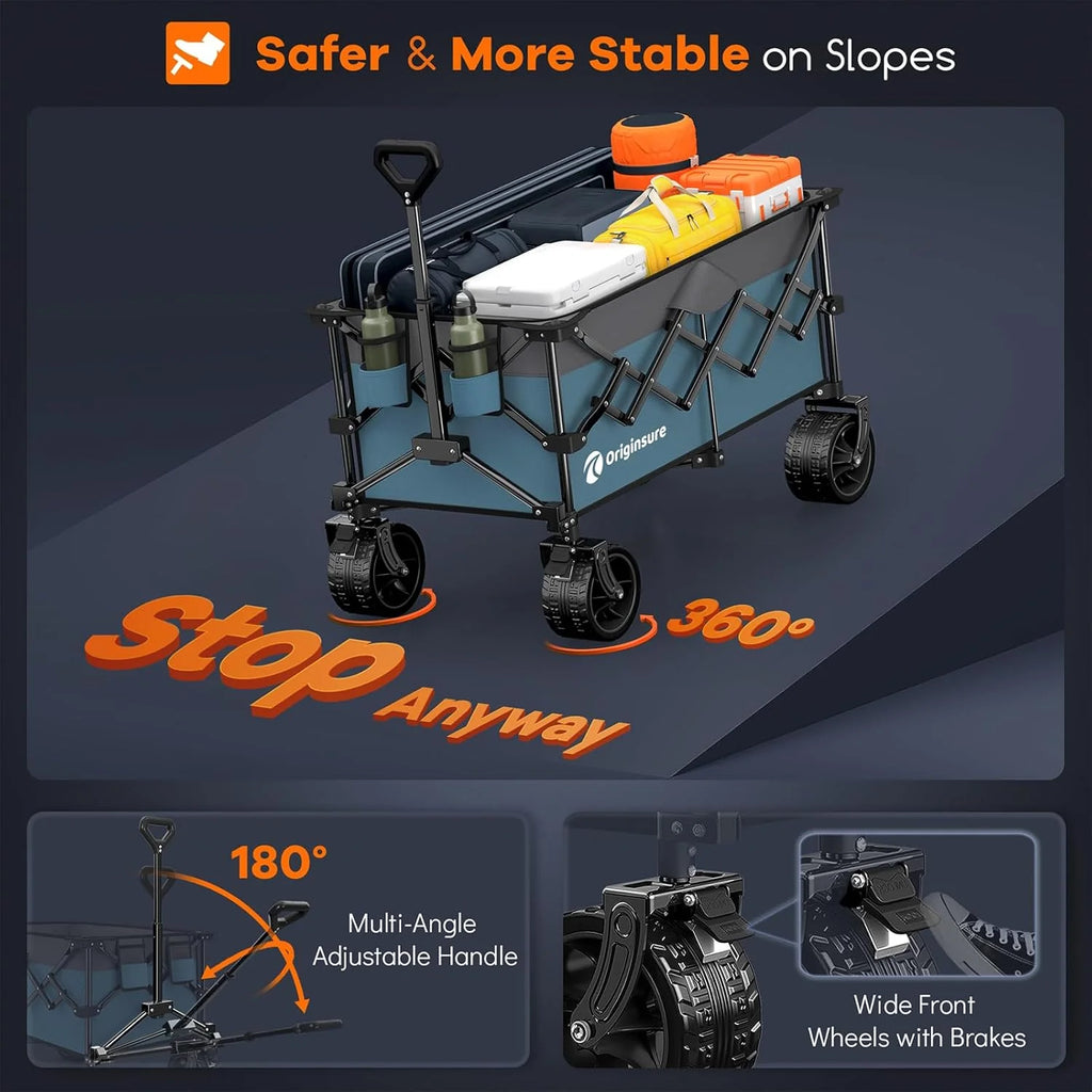 38 long foldable four-wheel stroller, foldable, 460 lb capacity, 220 liter heavy-duty folding beach stroller with large all-terrain tires