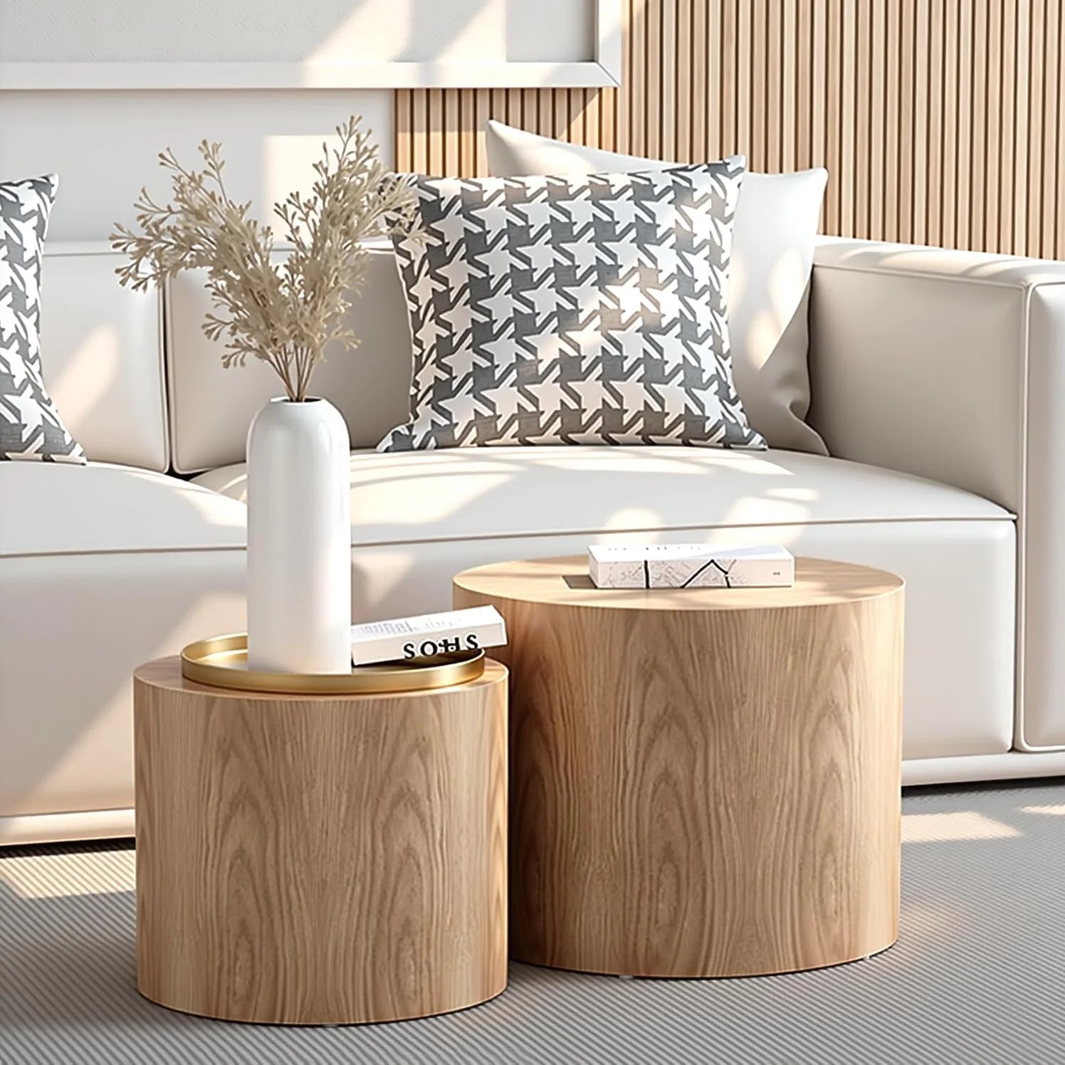 Nesting Coffee Table Set of 2, Modern Round Coffee Table with Non-Slip Feet, Walnut Wooden Circle Accent Tables for Small Spaces Living Room Bedroom Balcony Office Drum Side Table (Walnut)