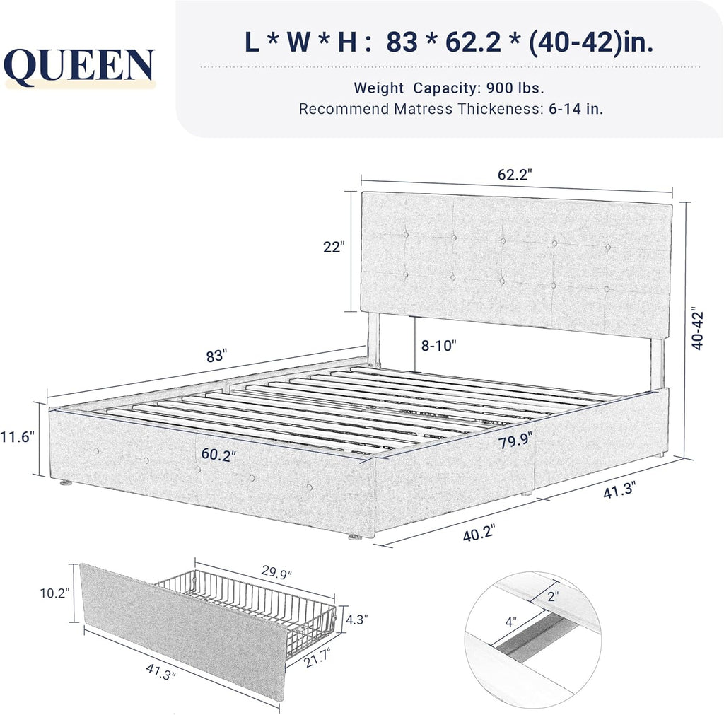 Allewie Upholstered Queen Size Platform Bed Frame with 4 Storage Drawers and Headboard