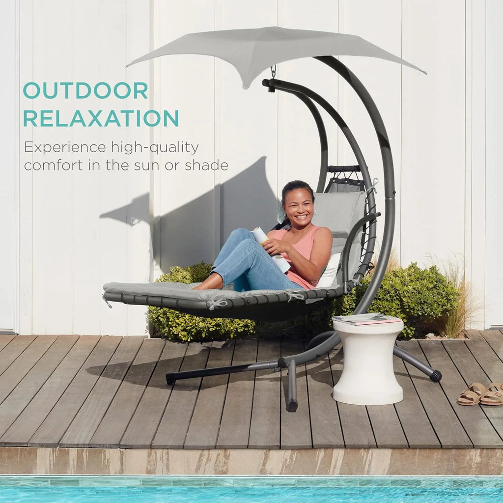 Best Choice Products Outdoor Hanging Curved Steel Chaise Lounge Chair Swing w/Built-in Pillow and Removable Canopy - Teal