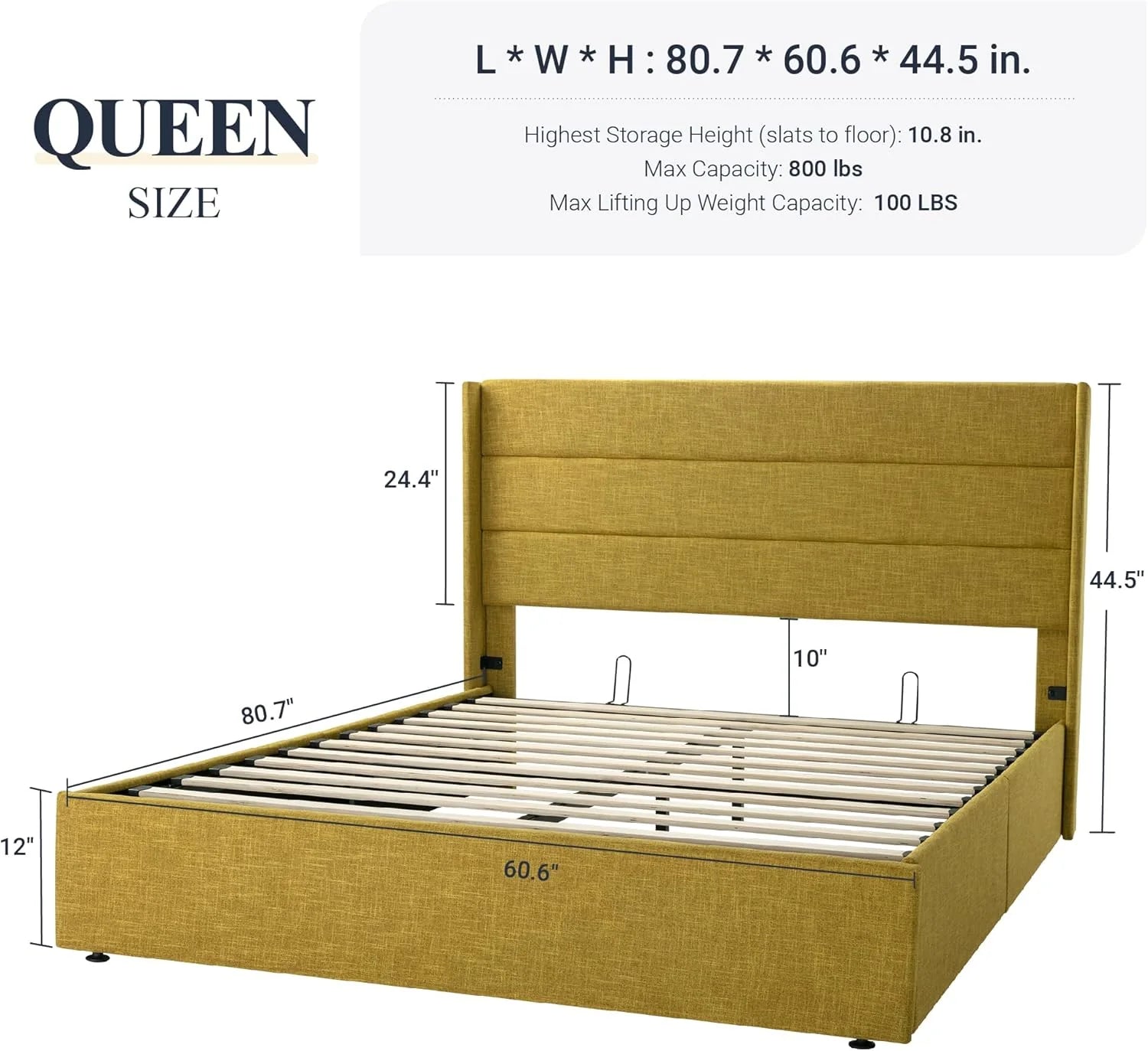 Allewie Queen Size Lift Up Storage Bed Modern Wingback Headboard Hydraulic Support