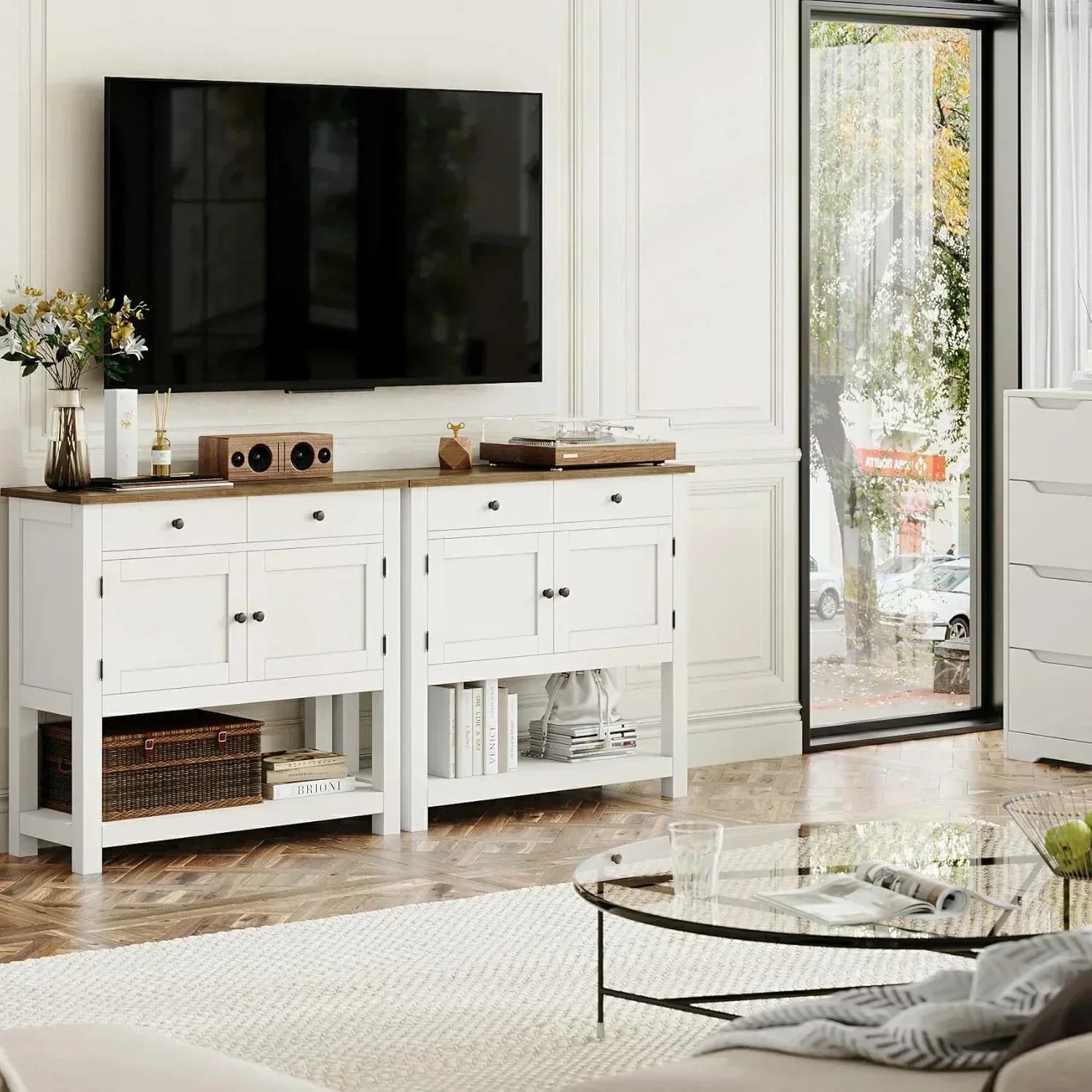 Farmhouse style console table coffee bar entry table with storage rack sofa table