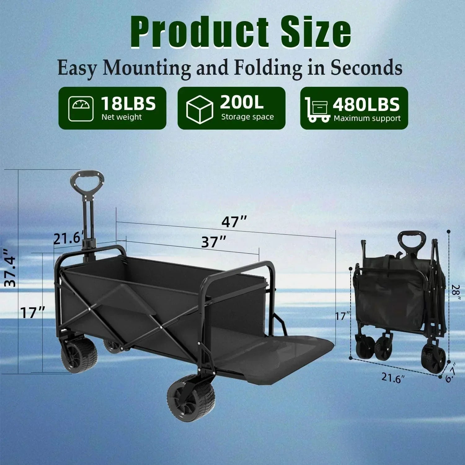 Foldable 4-wheel cart foldable 37 inches long 480 lb capacity heavy-duty beach cart