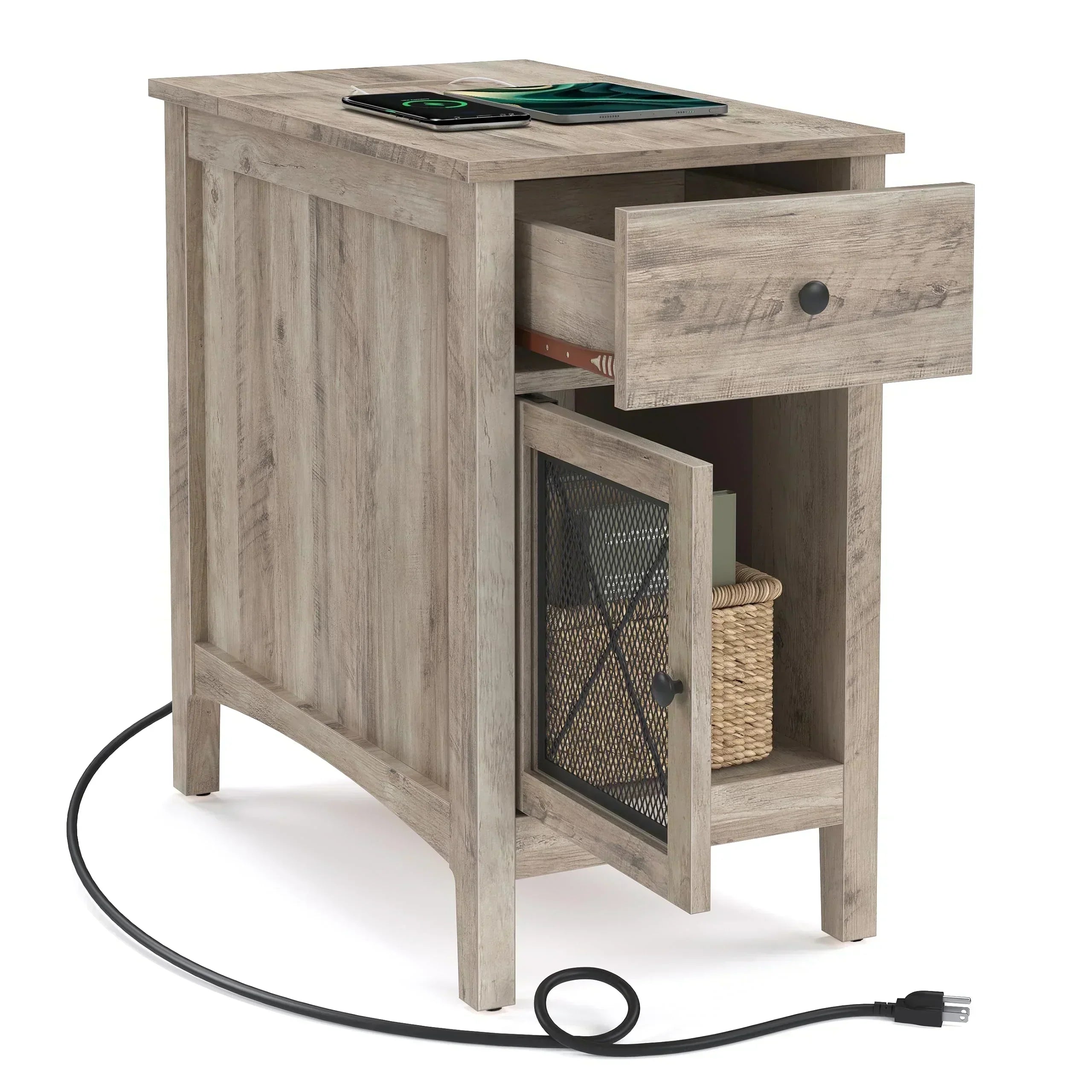 Side Table with Storage, End Table with USB Ports and Outlets Nightstand with Charging Station
