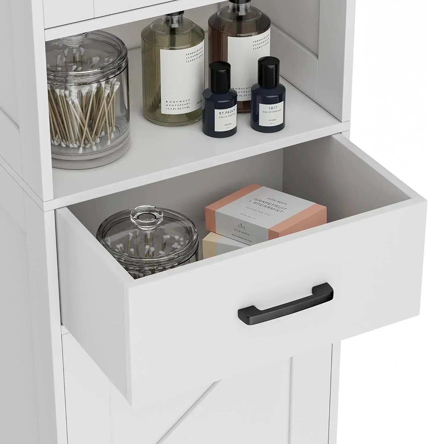 Homhedy 67 H Tall Bathroom Storage Cabinet with 2 Barn Doors and 1 Drawer Narrow Storage Unit