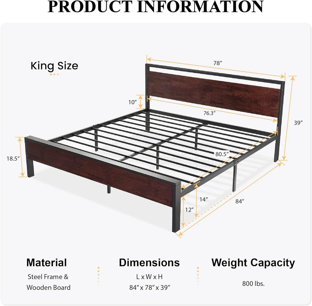 SHA CERLIN 14 Inch Queen Size Metal Platform Bed Frame with Wooden Headboard and Footboard