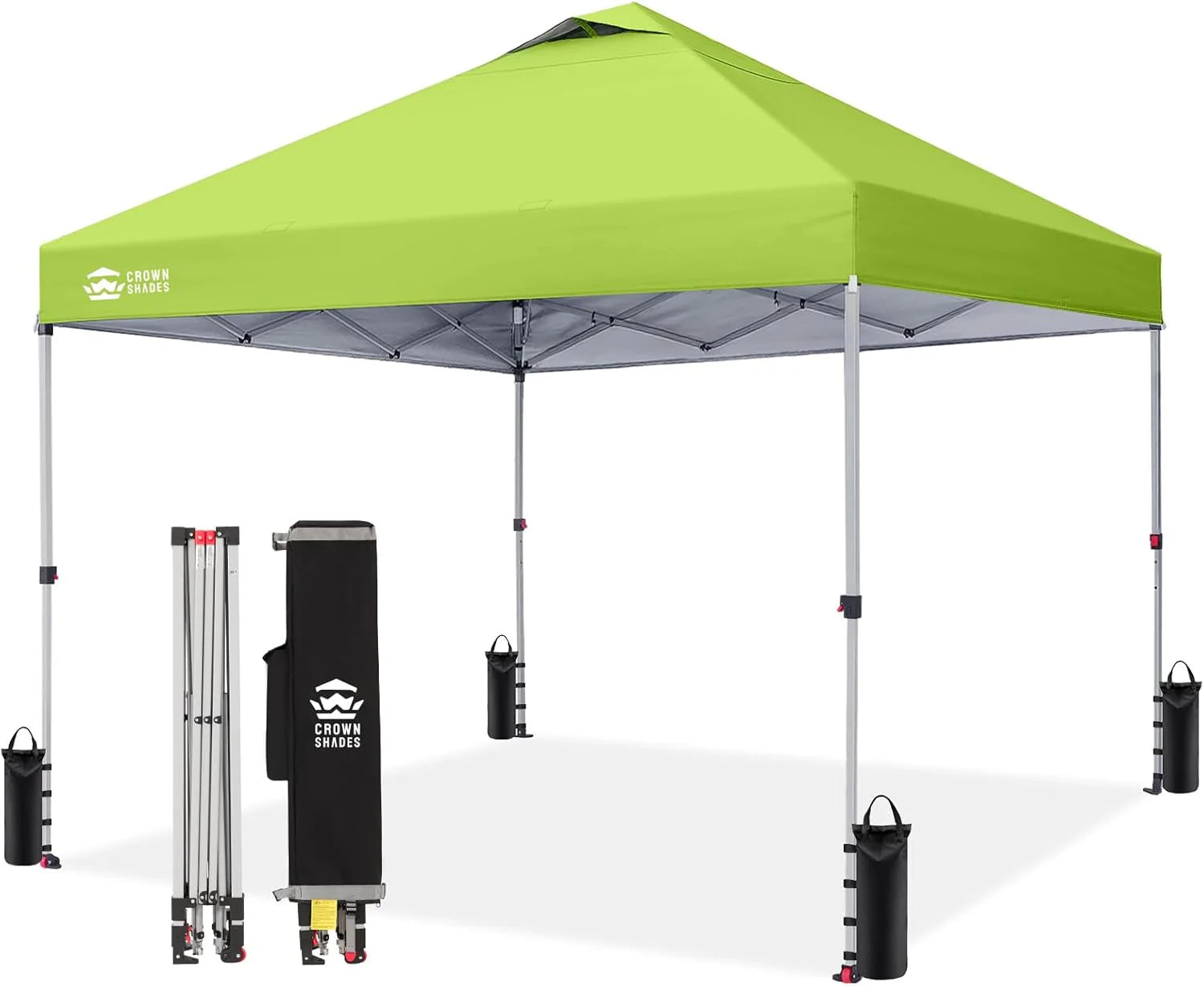 Crown Shades 10x10 Pop Up Canopy - Beach Tent with One Push Setup - Outdoor Sun Shade for Events, Parties, Camping - Gazebo with STO-N-Go Cover Bag, Silver Coated Top, 3 Height& 4 Sand Bags, Yellow