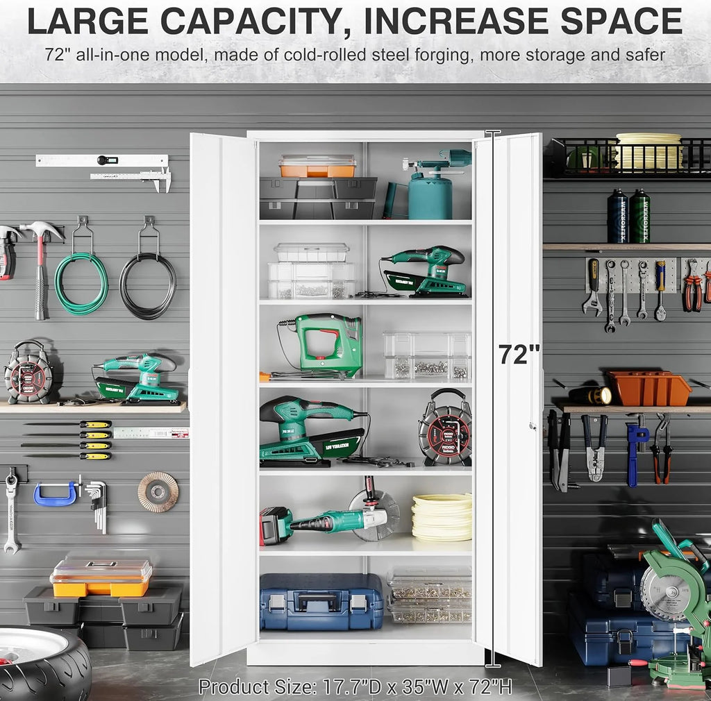 Metal Storage Cabinet with 2 Doors and 6 Shelves, Black Metal Cabinet with Lock, 71 Inch Lockable Garage Storage Cabinet
