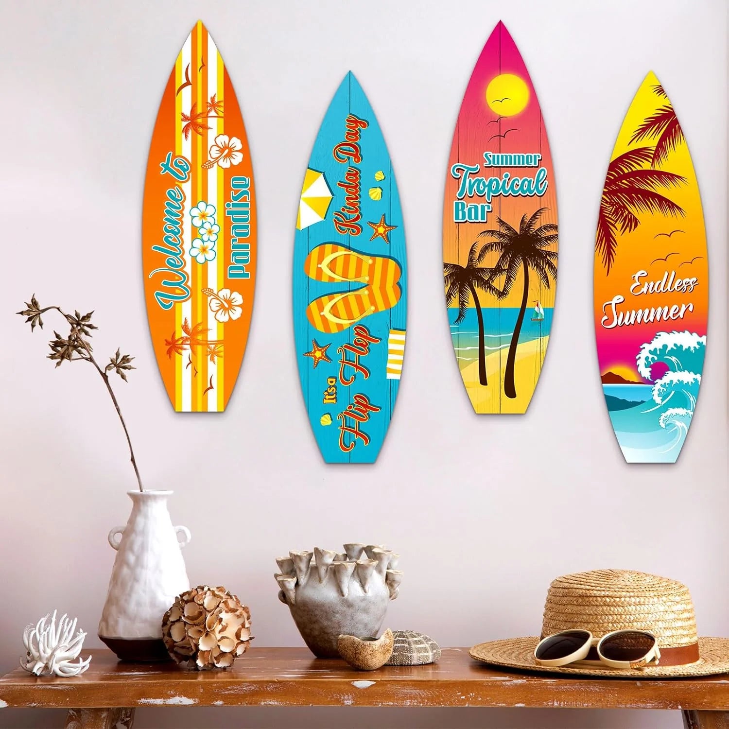 Blulu 4 Pcs Surfboard Wall Decor Surfboard Wall Hanging Sign Wooden Beach Decoration Summer Theme Decor Hawaiian Luau Party Decoration for Home Bar Aloha Tropical Birthday Party(Tiki)