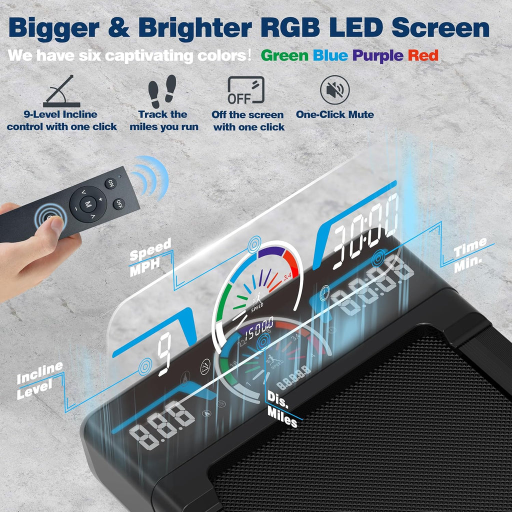Walking Pad Treadmill with 12% 9-Level Auto Incline, 450 lbs Capacity RGB LED Screen, Bluetooth Speaker Under Desk Treadmill, Compact Treadmills for Home Hiking