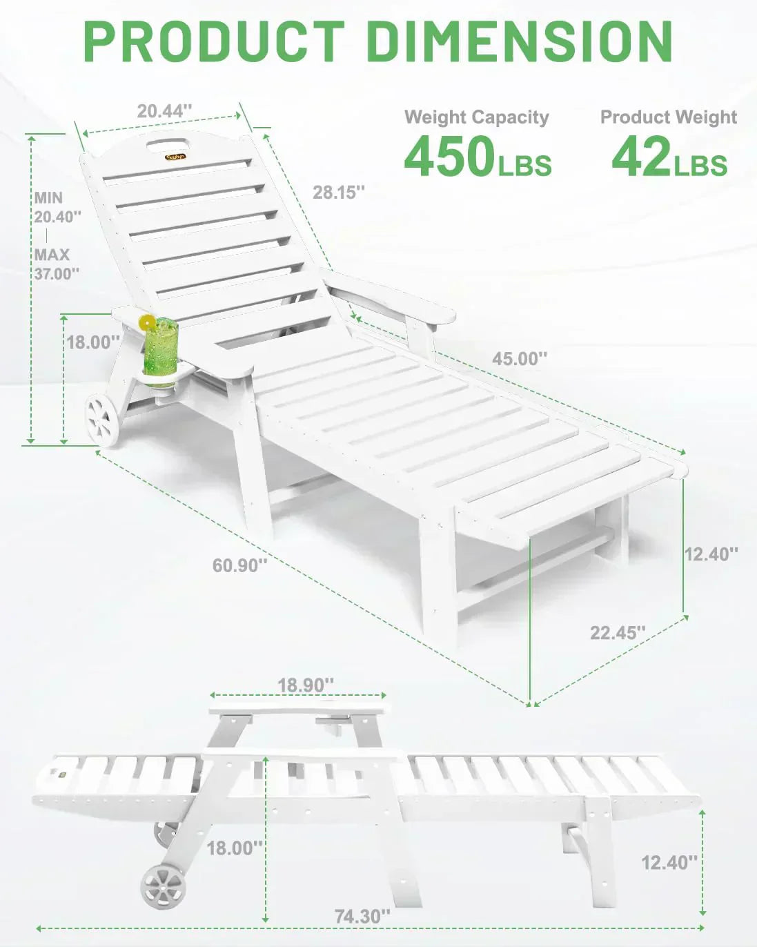 Lounge Chair Outdoor Chaise Lounge HDPE 6-Position Outdoor Chaise Lounge Patio Lounge Chair