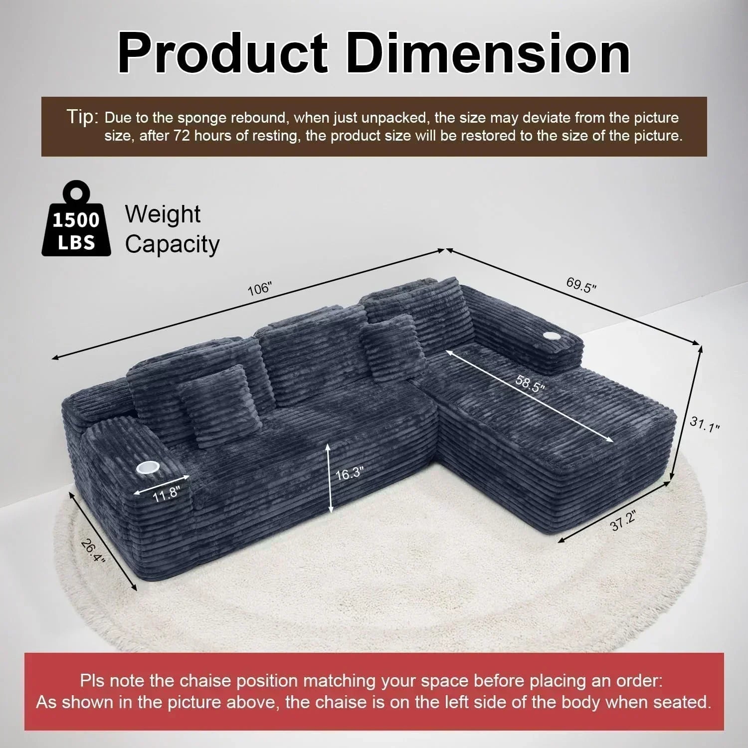 Cloud section sofa with L-shaped recliner modern modular sofa built-in cup holder