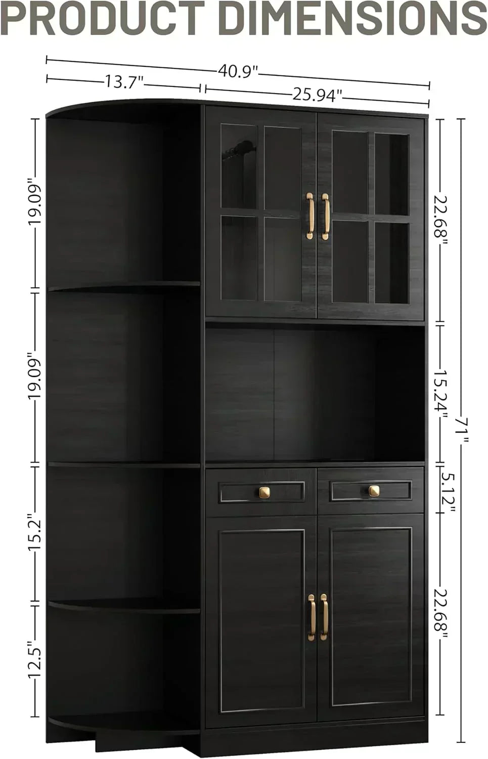 Kitchen Hutch Pantry Cabinet 71 Tall with Glass Doors