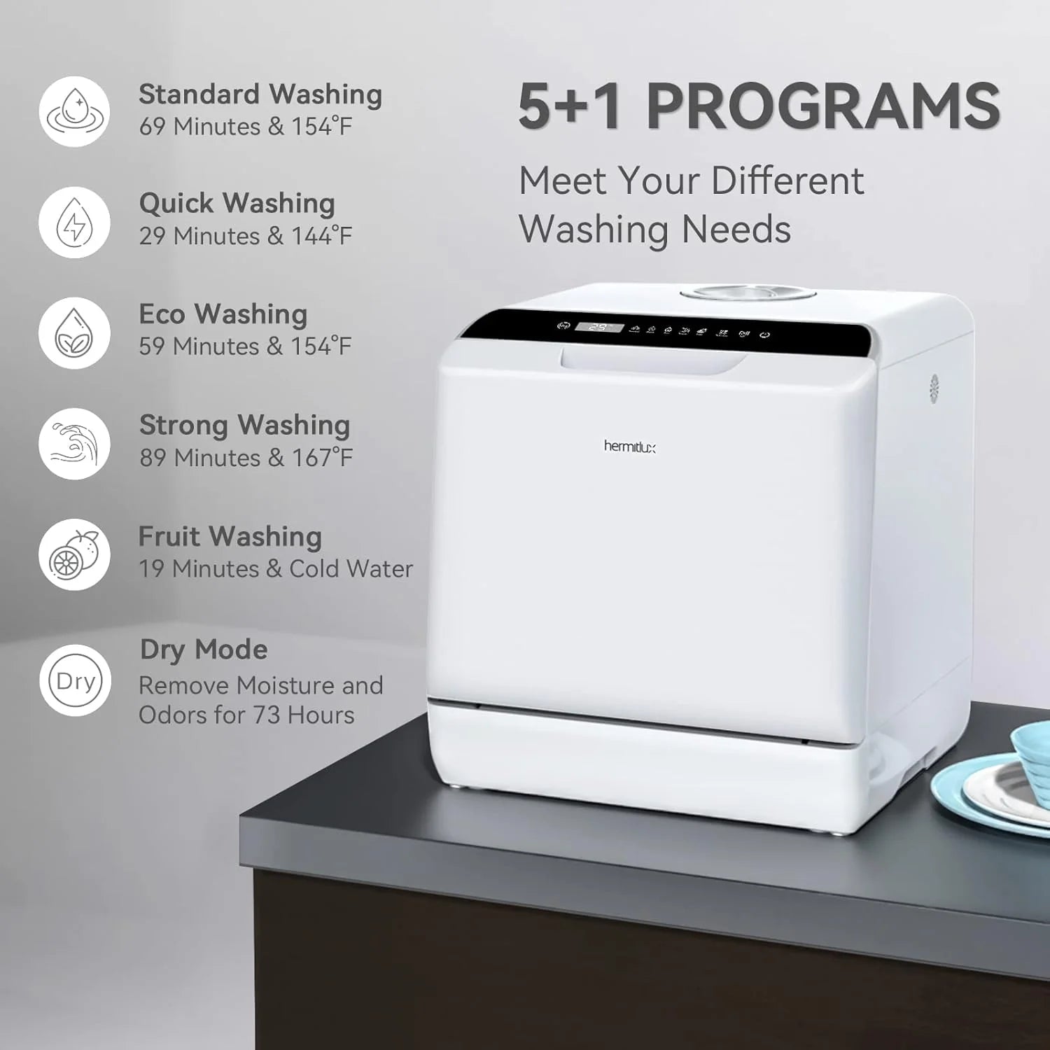 Hermitlux Countertop Dishwasher, 7 Washing Programs Portable Mini Dishwasher with 5-Liter Built-in Water Tank for Apartments & RVs, LED Light, Glass Door, No Hookup Needed