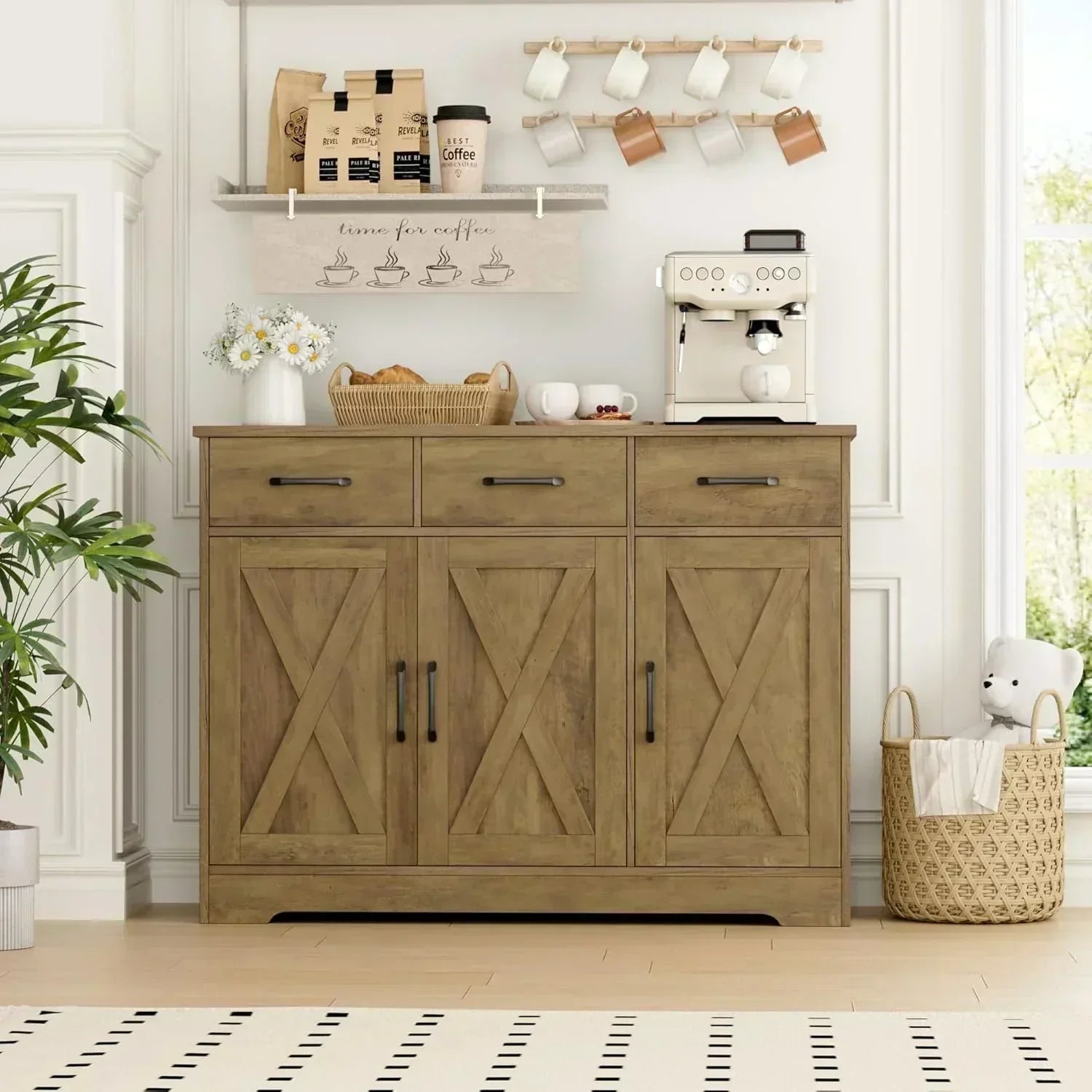 Modern farmhouse sideboard barn door buffet storage cabinet with drawers and shelves