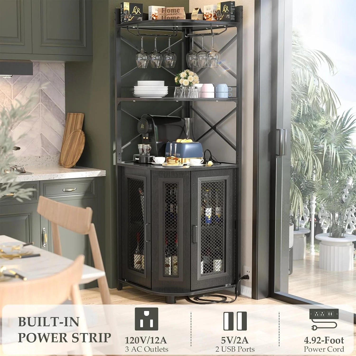 Aheaplus Corner Bar Cabinet with Power Outlet, Industrial Wine Cabinet with LED Strip and Glass Holder, 5-Tiers Liquor Cabinet Bar Unit for Home, Corner Display Cabinet for Small Space, White Oak