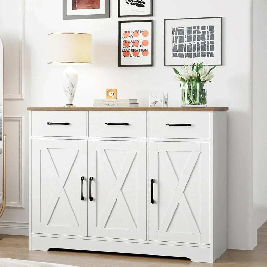 Modern farmhouse sideboard barn door buffet storage cabinet with drawers and shelves