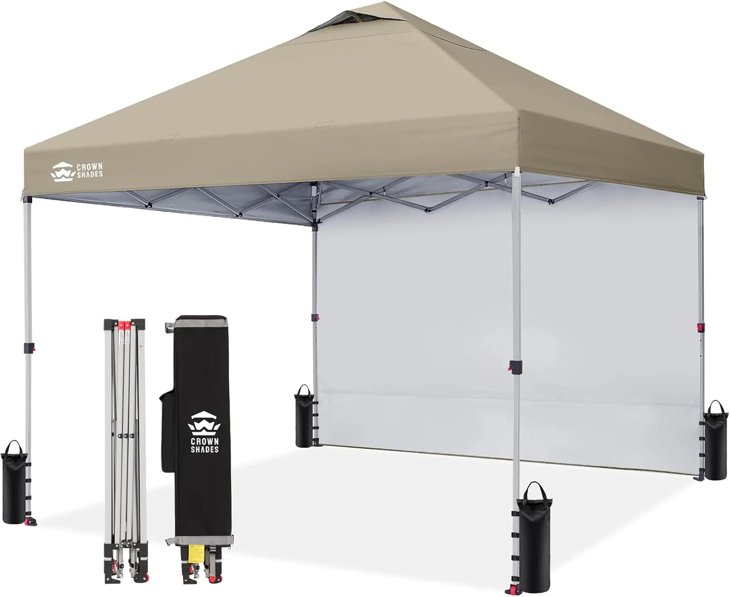 CROWN SHADES 10x10 Pop Up Canopy with 1 Side Wall - Beach Tent with One Push Setup - Outdoor Sun Shade for Events, Parties, Camping - Gazebo with STO-N-Go Cover Bag (White)