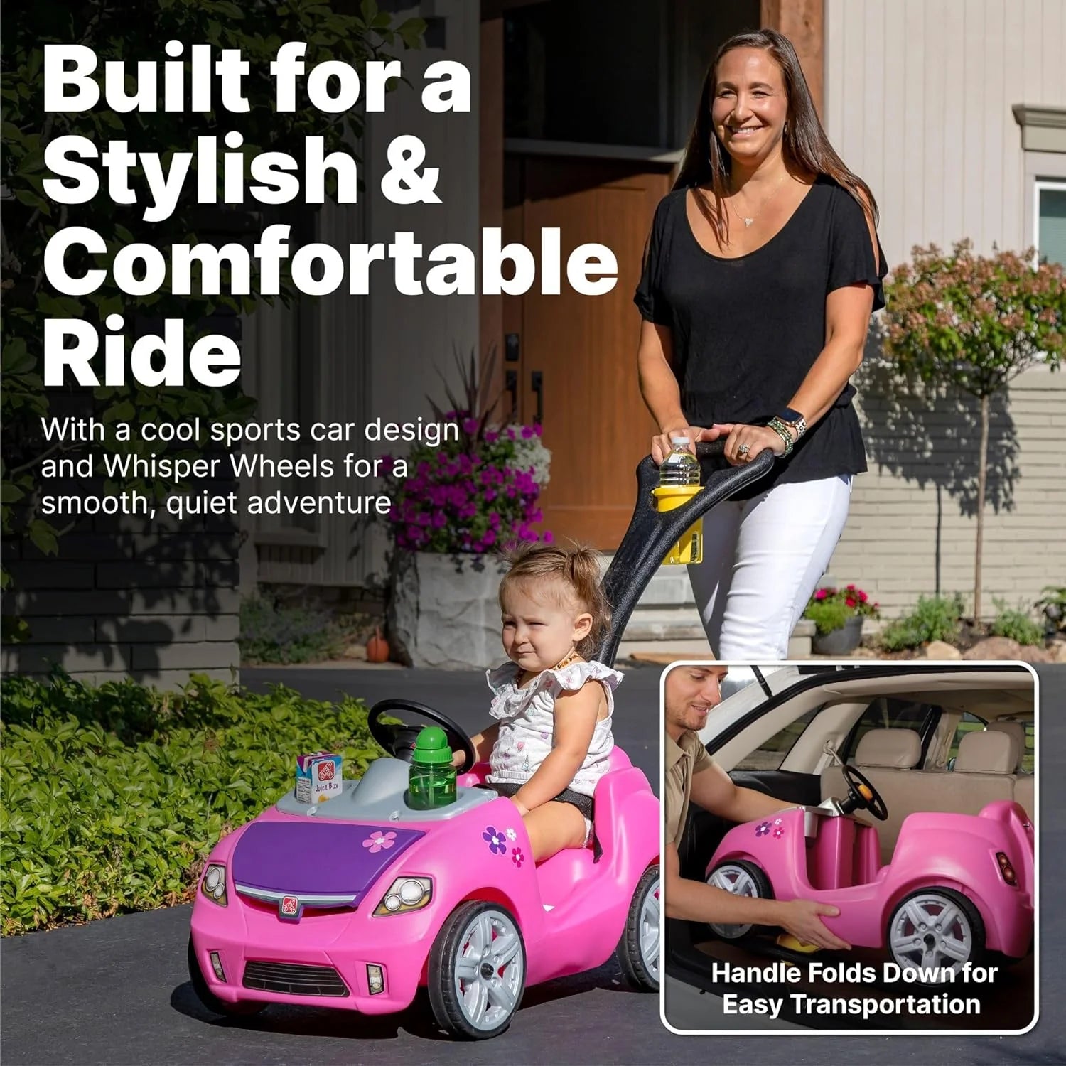 Step2 Whisper Ride II Ride On Push Toy Car Pink Ride On Car Seat Belt Easy Storage Transport