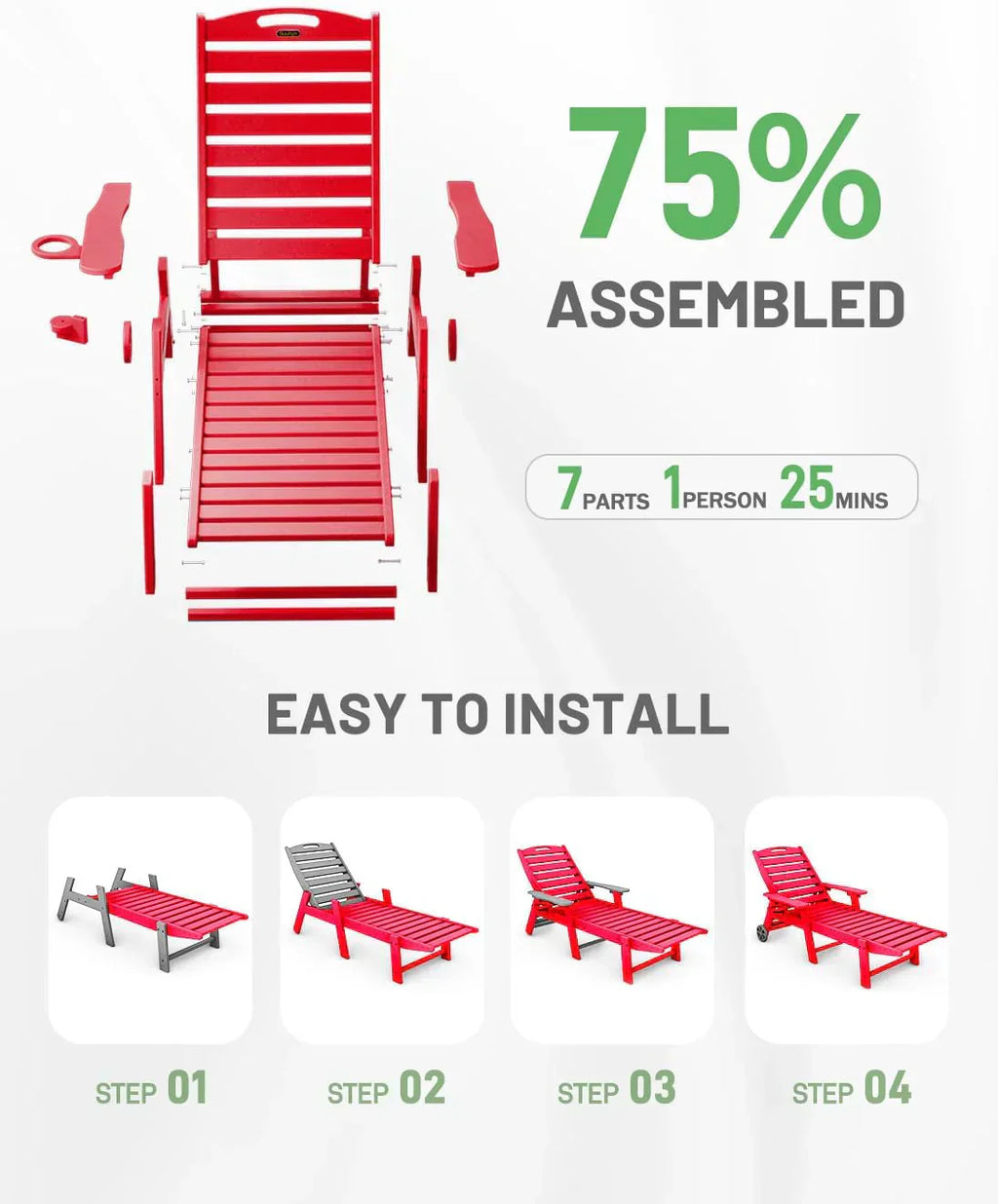 Lounge Chair Outdoor Chaise Lounge HDPE 6-Position Outdoor Chaise Lounge Patio Lounge Chair