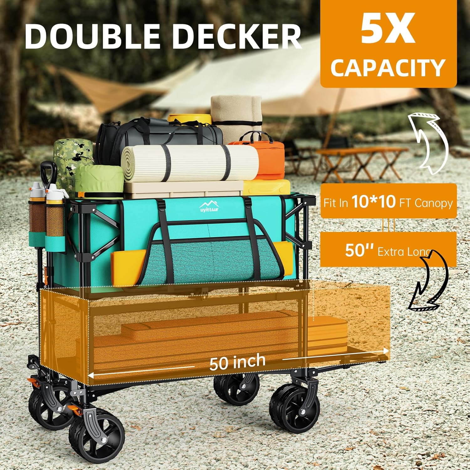 Foldable 50''L Extra Long Double Decker Wagon for Sport 400L Collapsible Heavy Duty Wagon Cart