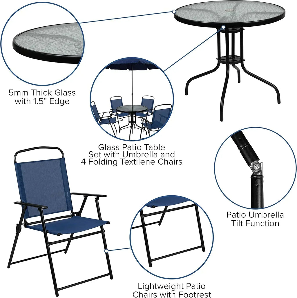 EMMA + OLIVER 6 Piece Brown Patio Garden Set with Umbrella Table Set of 4 Folding Chairs