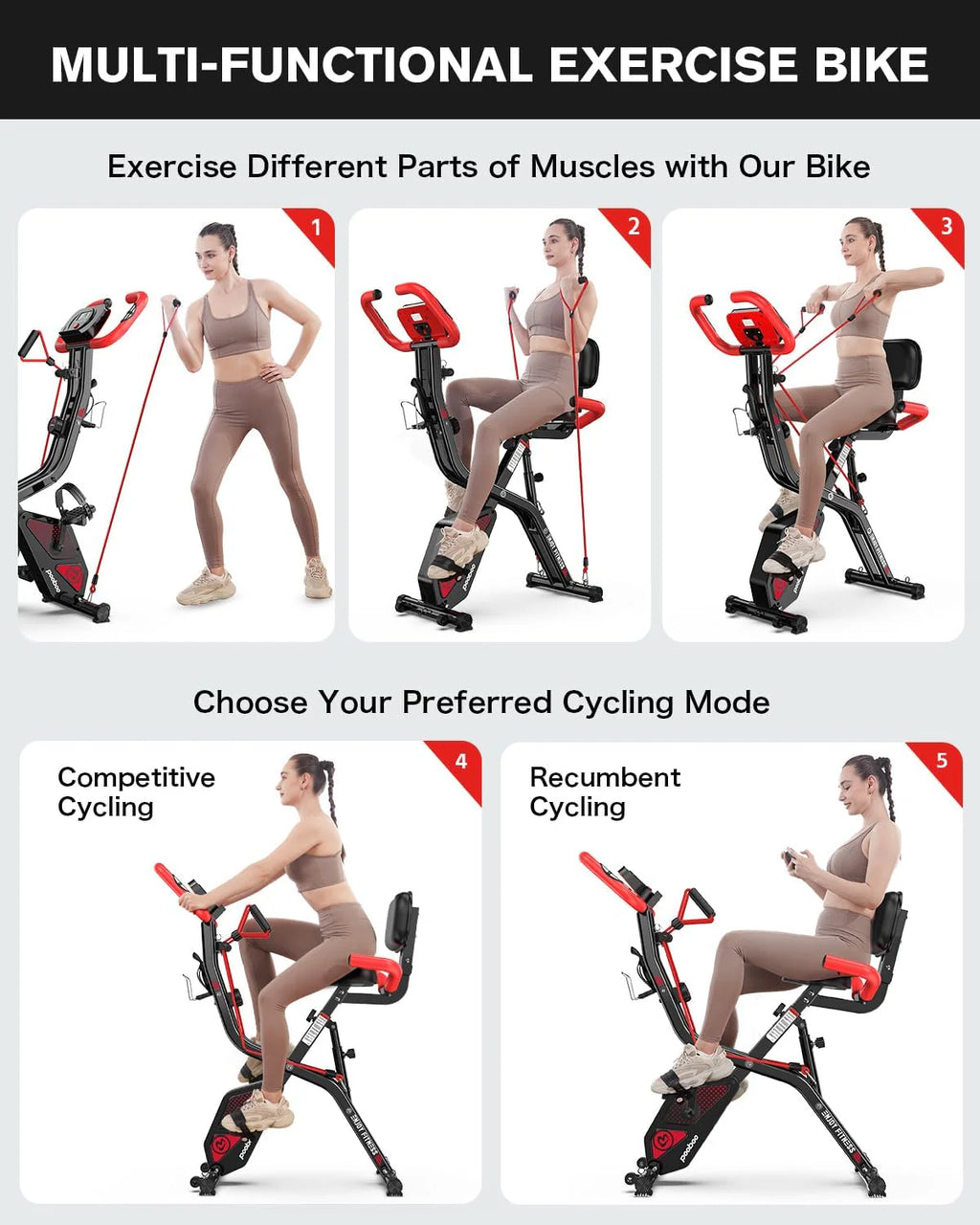 pooboo Folding Exercise Bike, Foldable Fitness Stationary Bike Machine, Upright Indoor Cycling Bike, Magnetic X-Bike with 8-Level Adjustable Resistance, Bottle Holder & Back Support Cushion for Home Gym Workout