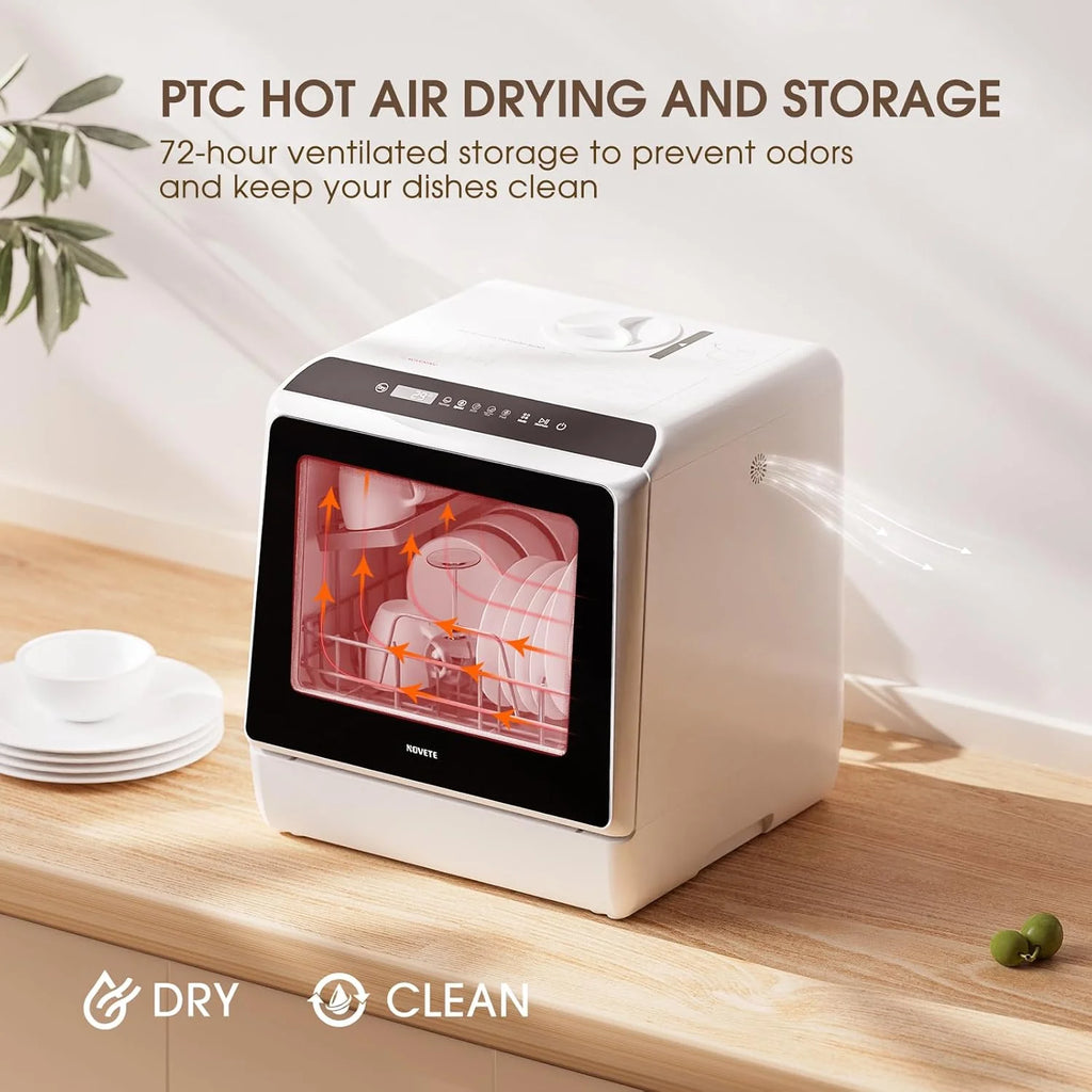 NOVETE Portable Countertop Dishwashers, Compact Dishwashers with 5L Built-in Water Tank & Inlet Hose
