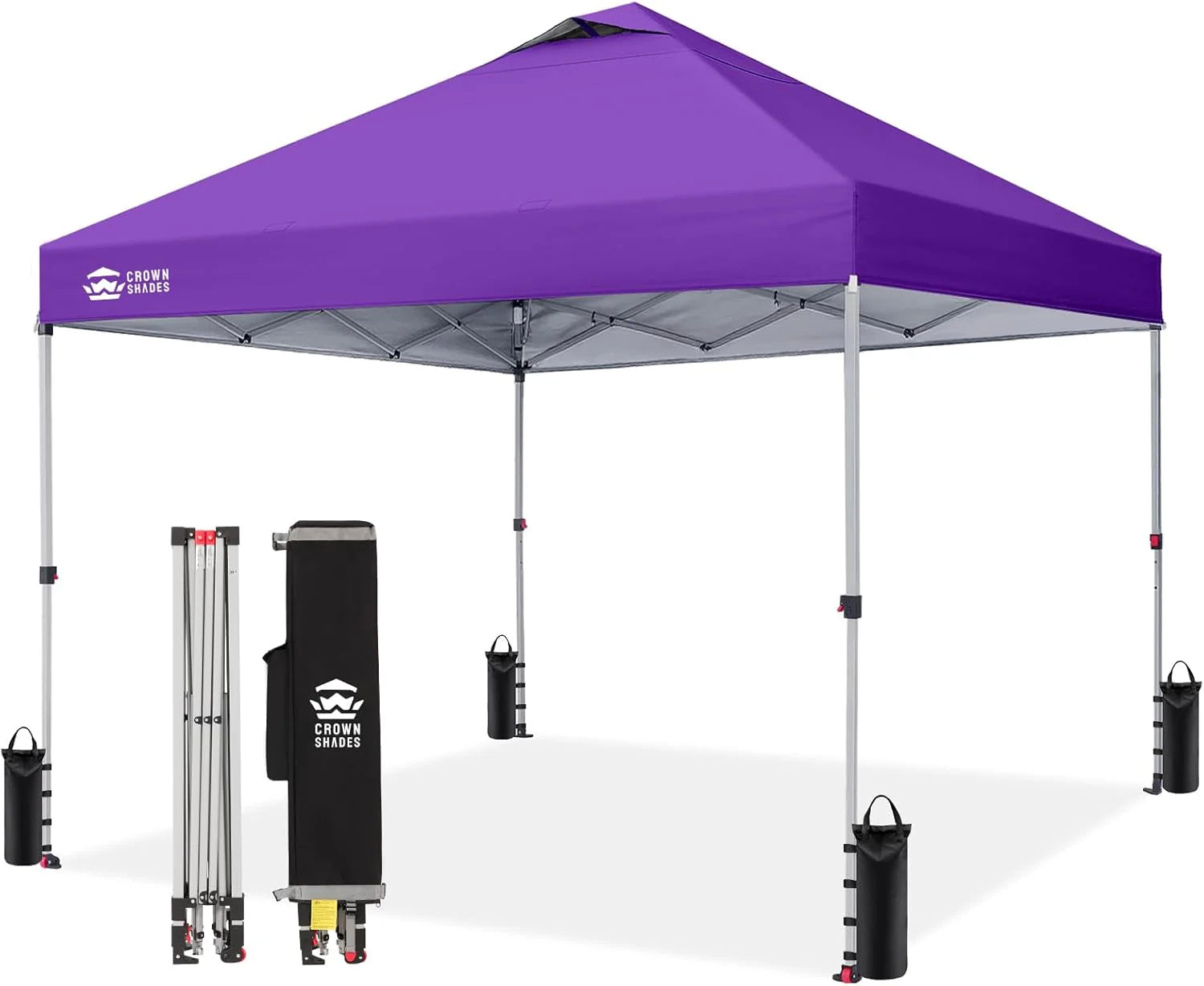 Crown Shades 10x10 Pop Up Canopy - Beach Tent with One Push Setup - Outdoor Sun Shade for Events, Parties, Camping - Gazebo with STO-N-Go Cover Bag, Silver Coated Top, 3 Height& 4 Sand Bags, Yellow
