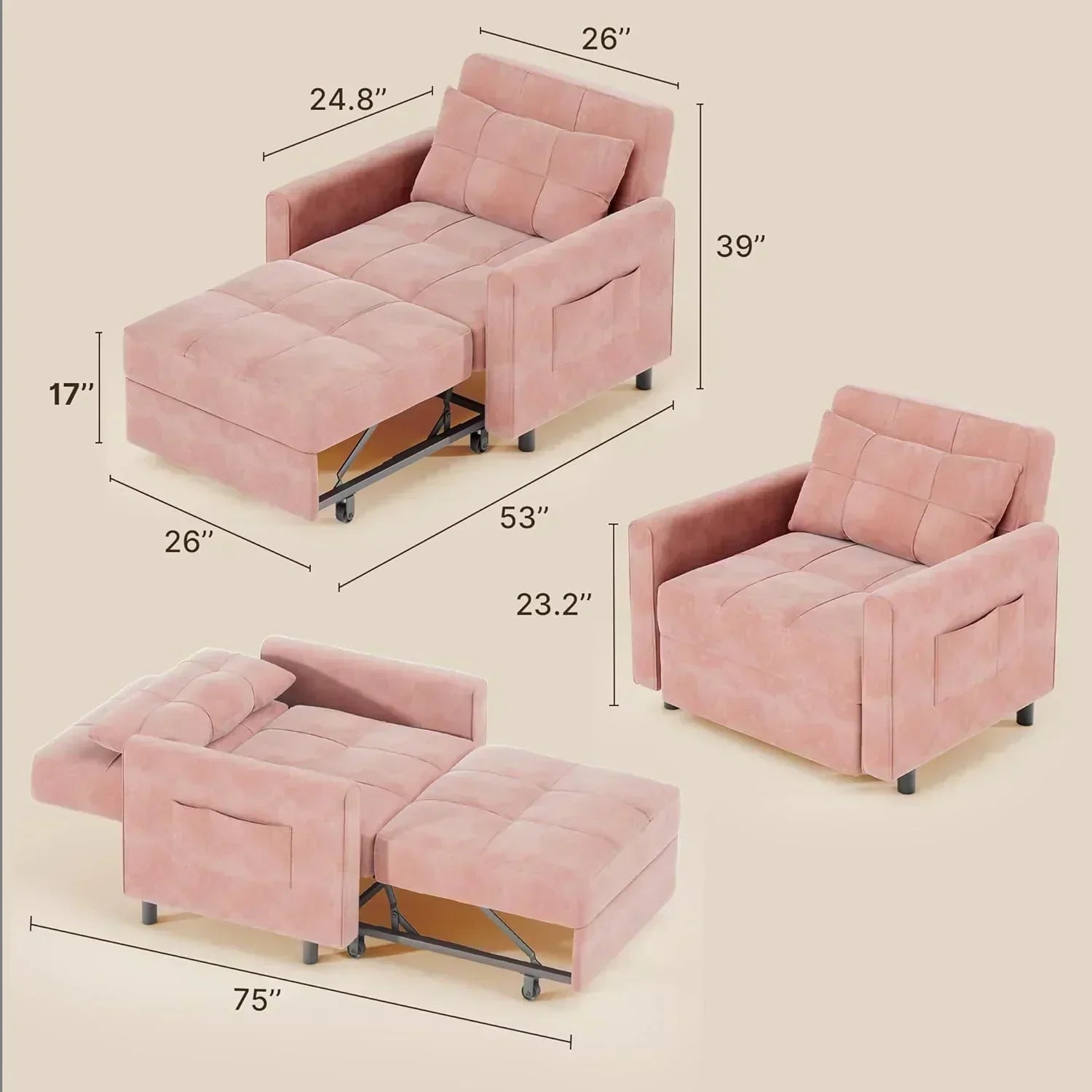 Sofa Bed Chair 3 in 1 Convertible Pullout Single Sleeper Chair Bed Spacious Multifunctional Sofa