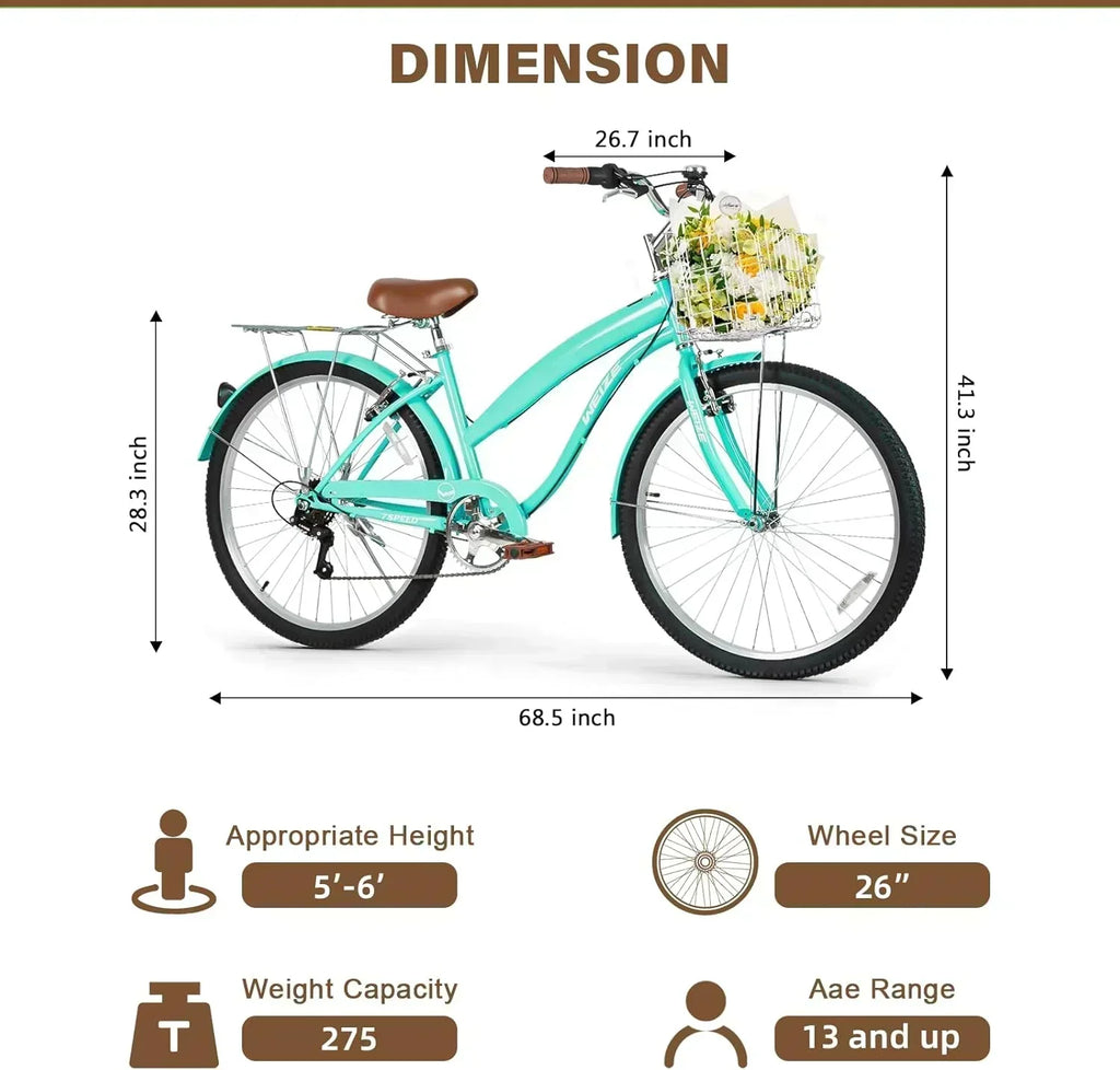 WEIZE Beach Cruiser Bike 26 inch Commuter Bicycle for Adult Men and Women 7-Speed/High-Carbon