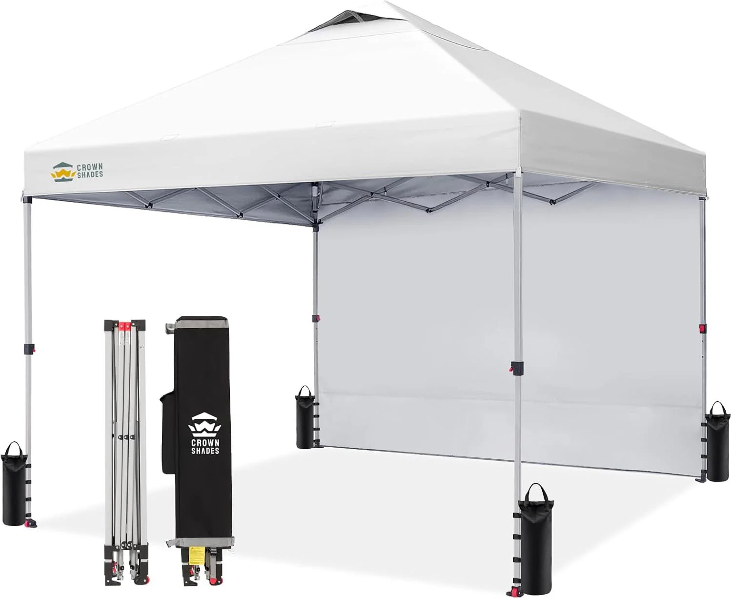 CROWN SHADES 10x10 Pop Up Canopy with 1 Side Wall - Beach Tent with One Push Setup - Outdoor Sun Shade for Events, Parties, Camping - Gazebo with STO-N-Go Cover Bag (White)