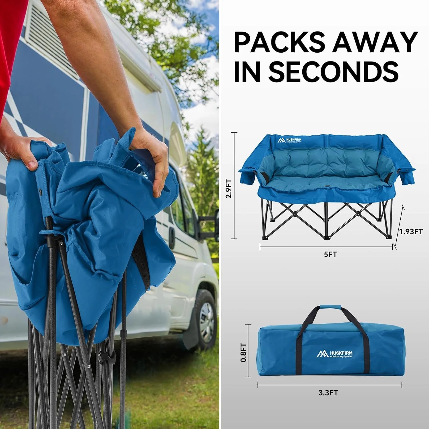 Double Camping Chairs Padded Loveseat Chair for 2 Person - Heavy Duty Oversized Camping Couch for Adults Outdoor Lawn Beach - Portable Folding Sofa with Cup Holders and Carry Bag, Grey